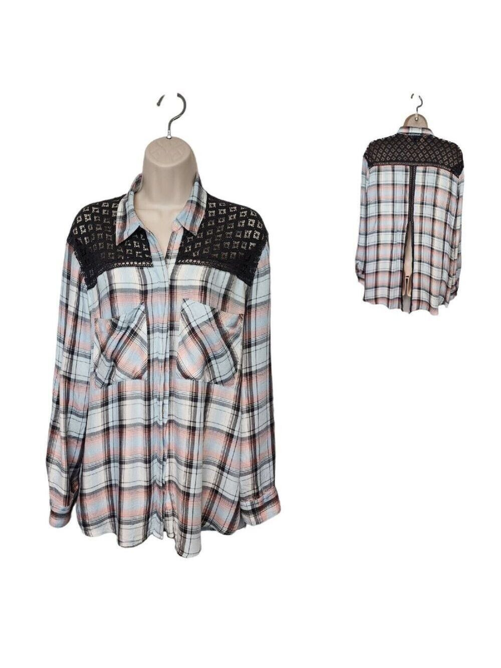 Express Plaid Crochet Button Front Up Shirt Split Back Long Sleeve Blouse Large